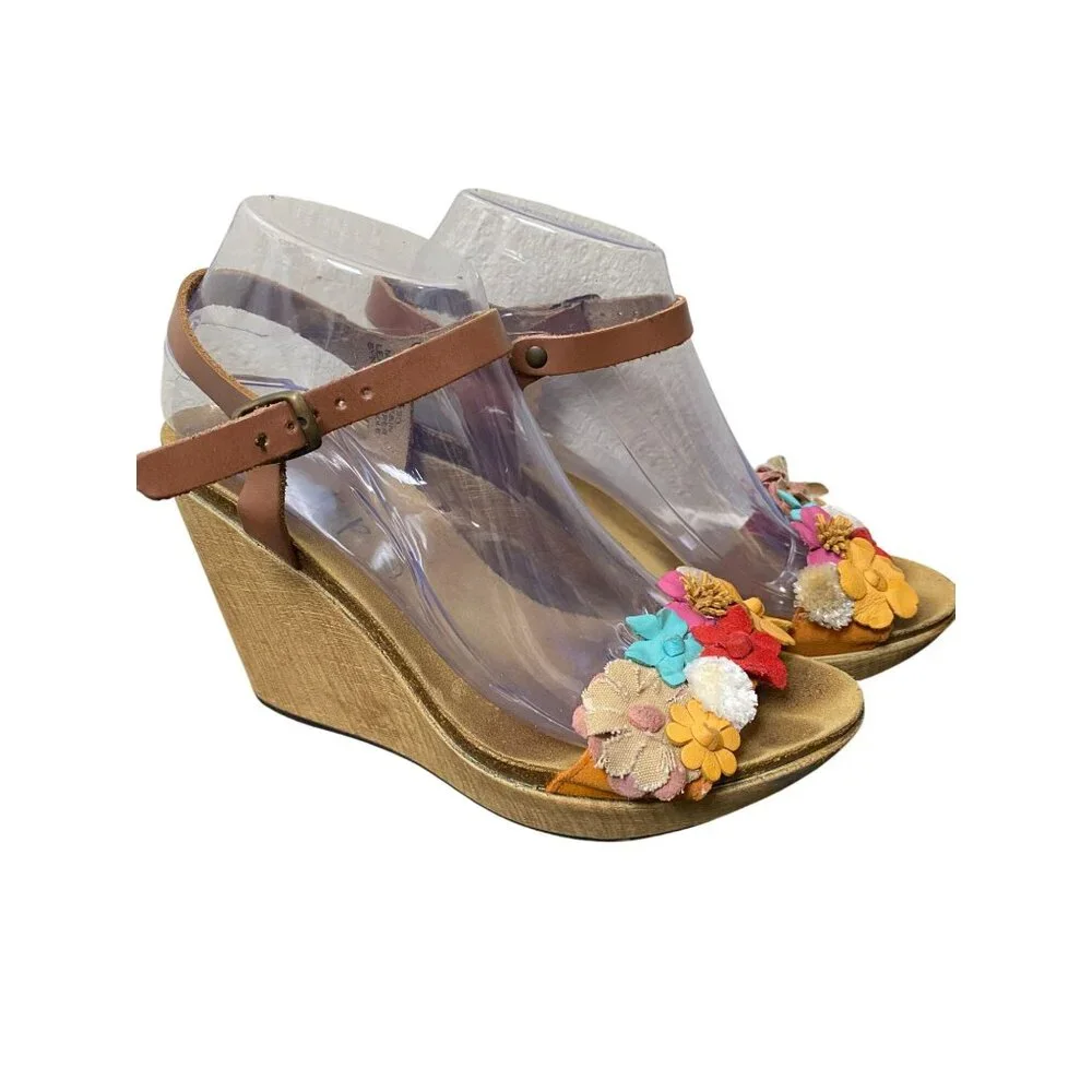 Bios Step Leather Fabric Flower‎ Wedge Sandals Brown Size 8.5 Whimsical Feminine